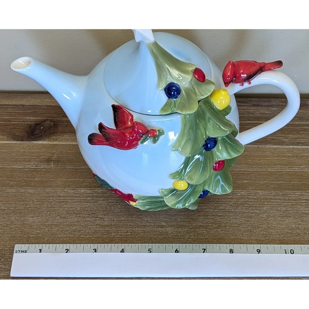 Pier 1 Imports Christmas Tree Teapot Porcelain Cardinal Hand Painted w/Box